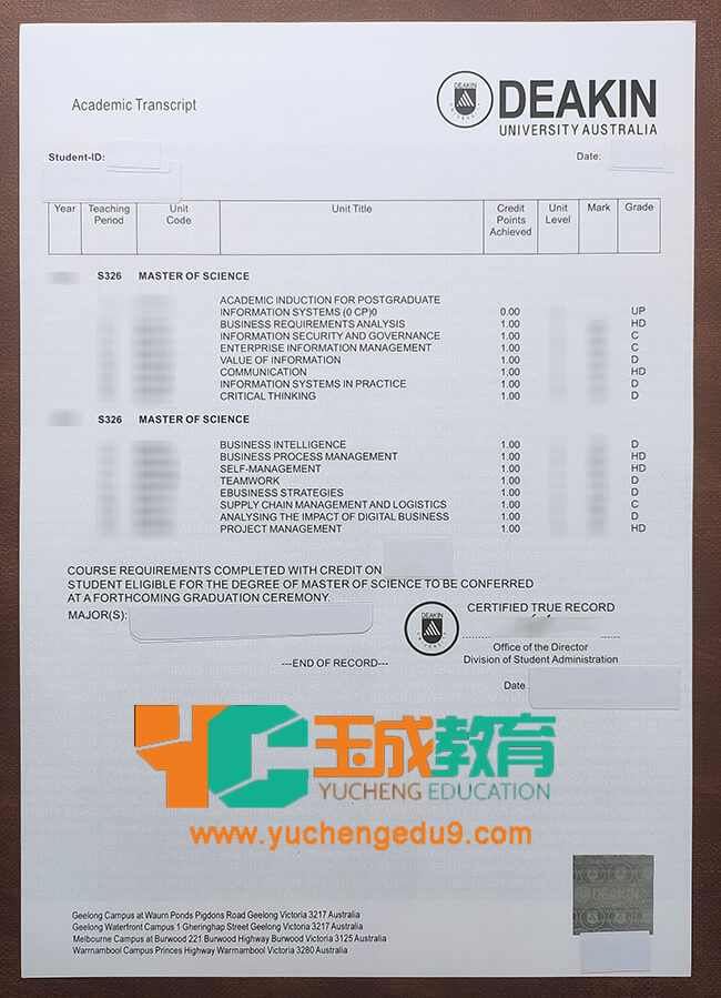 Deakin University academic transcript