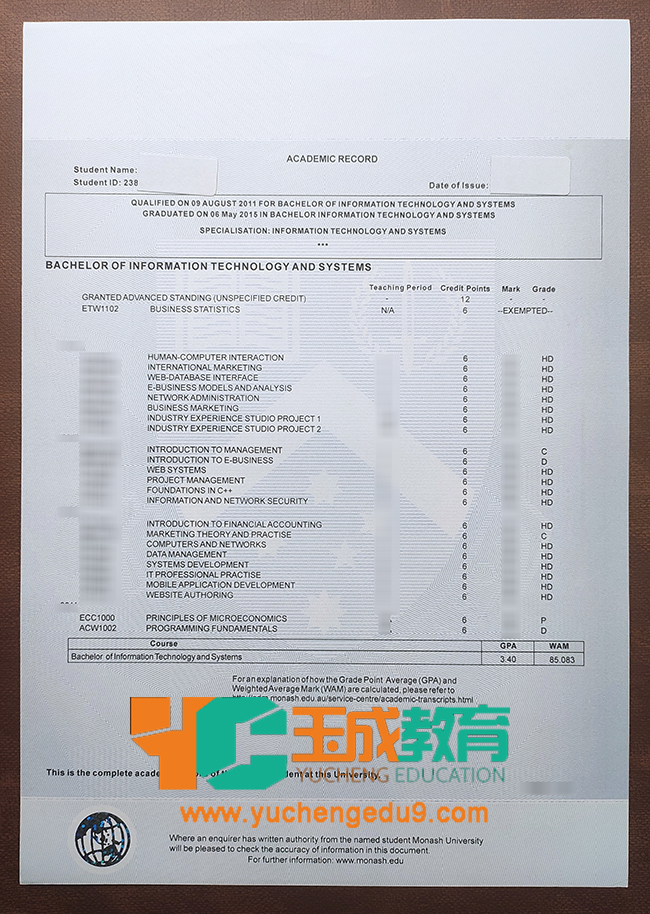 Monash University academic transcript