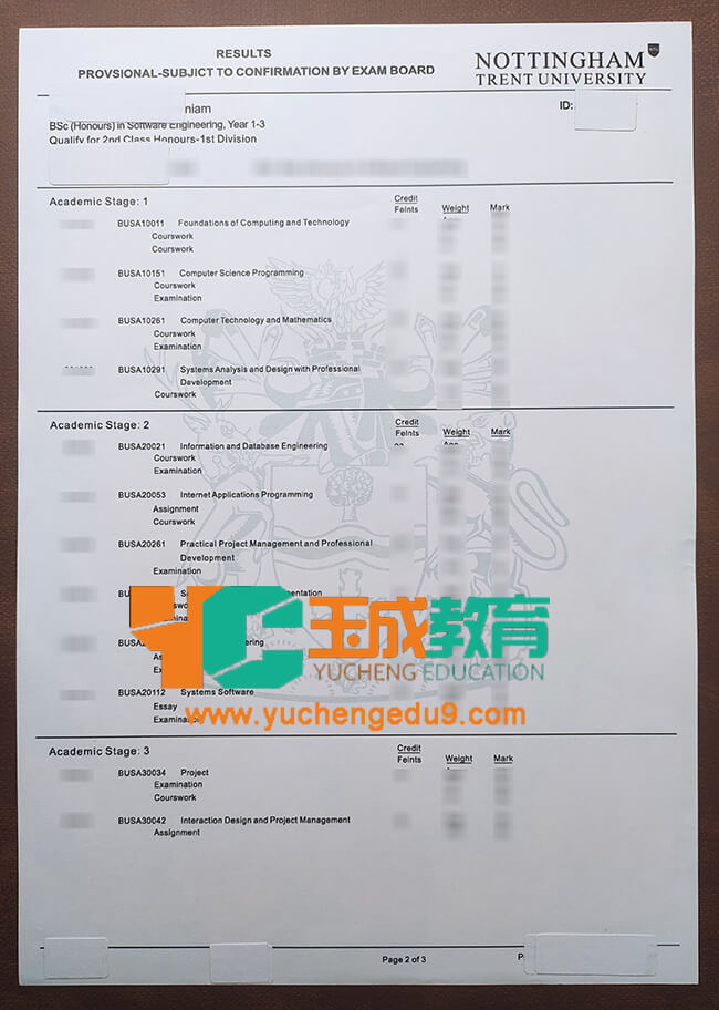 Nottingham Trent University academic transcript