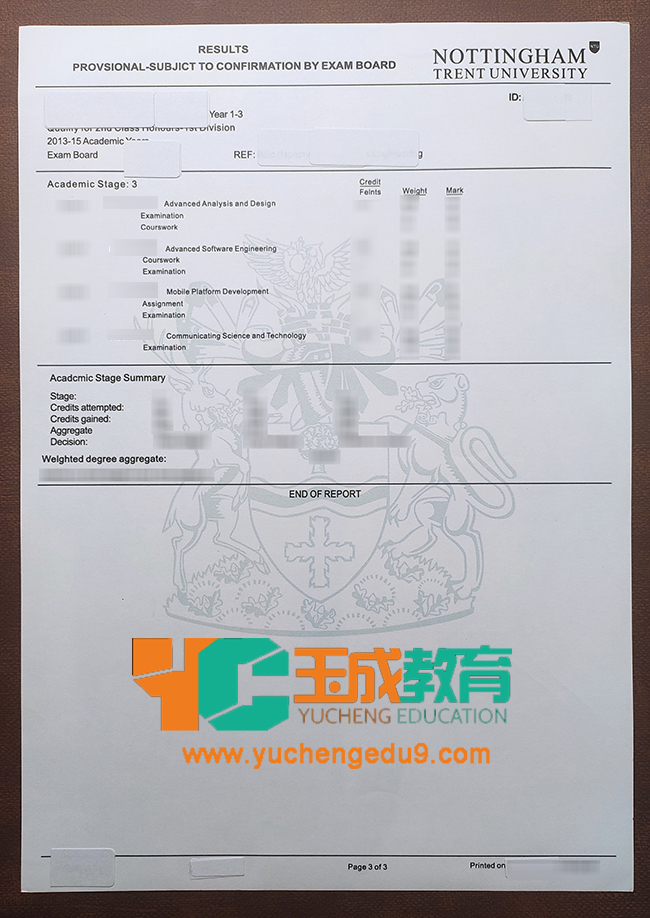 Nottingham Trent University academic transcript