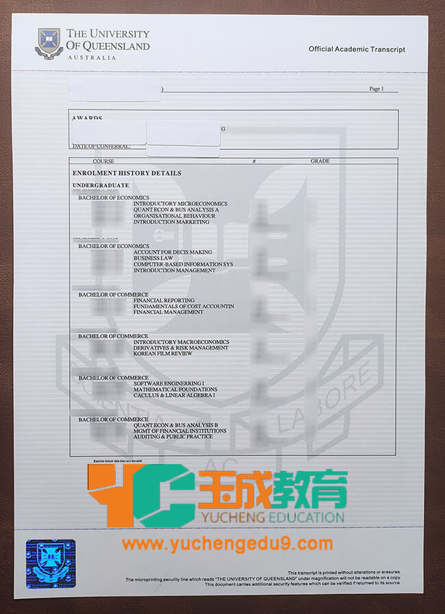 University of Queensland academic transcript