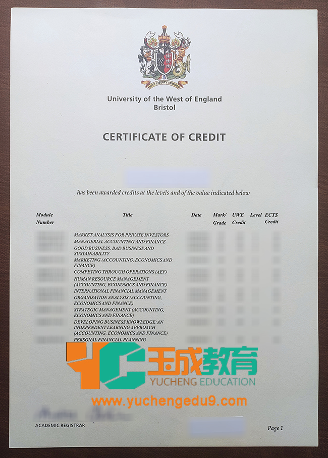University of the West of England, Bristol certificate